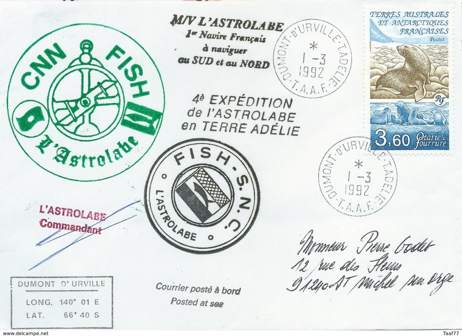 TAAF - Dumont D'Urville-T.Adélie: Lettre "L'Astrobale" Avec Timbre N°159 Otarie à Fourrure - 01/03/1992 - Lettres & Documents
