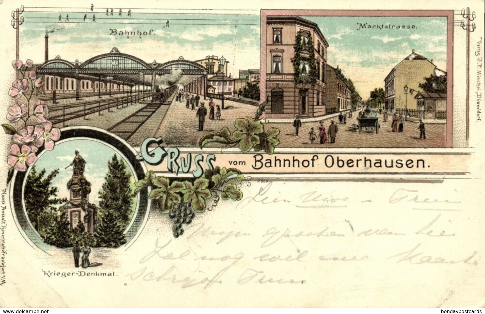 OBERHAUSEN, Bahnhof, Marktstrasse, Krieger-Denkmal (1899) Litho-AK - Oberhausen