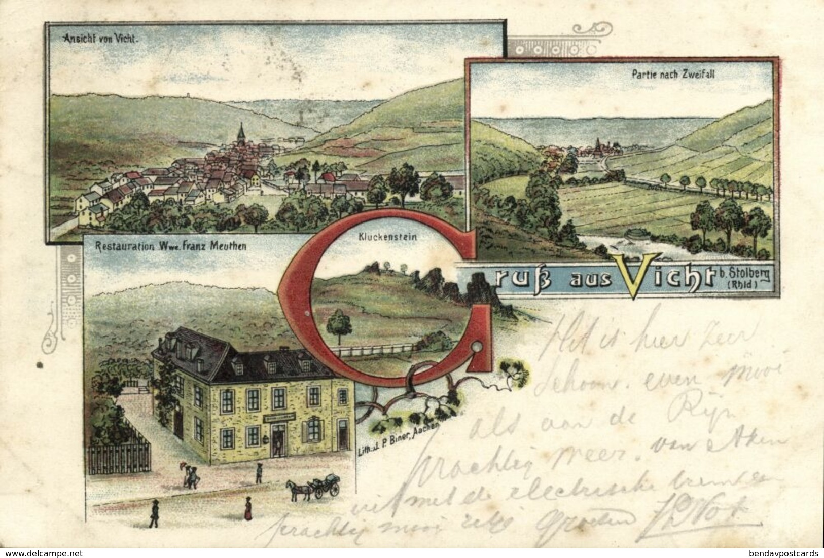 VICHT B. Stolberg, Restauration Wwe. Franz Meuthen, Panorama (1899) Litho-AK - Stolberg