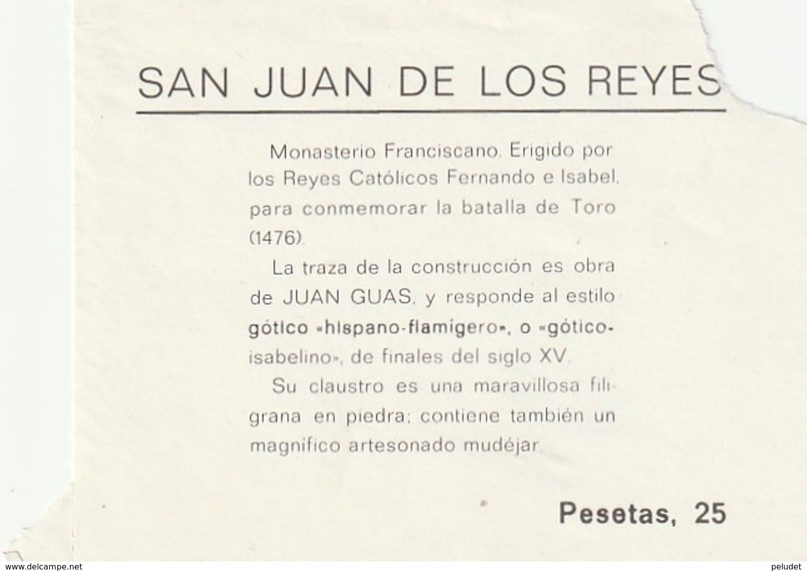 TICKET - ENTRADA / SAN JUAN DE LOS REYES - MONASTERIO  ... Año 198¿? - Tickets D'entrée