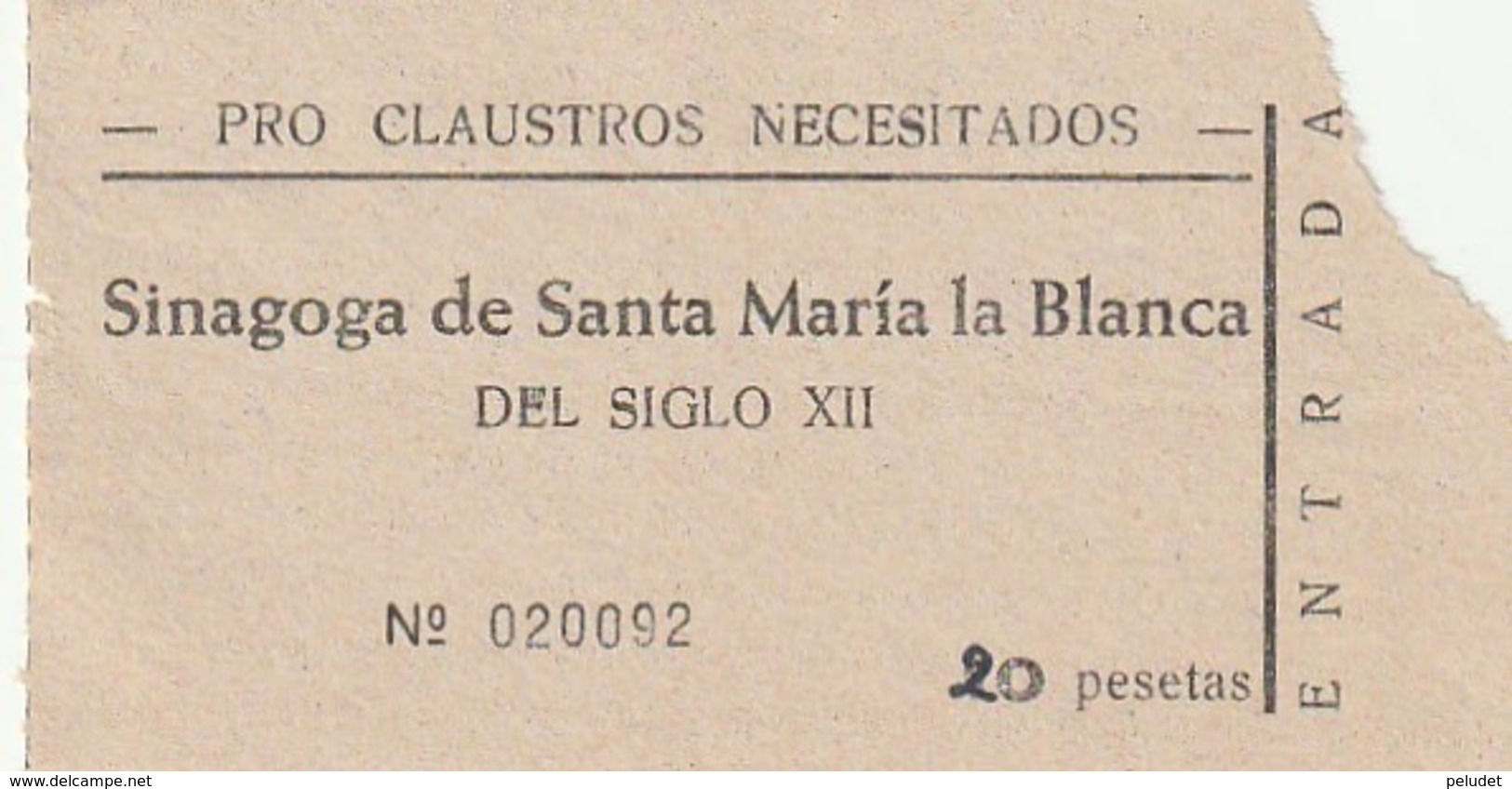 TICKET - ENTRADA / SINAGOGA SANTA MARIA LA BLANCA   ... Año 198¿? - Tickets - Entradas