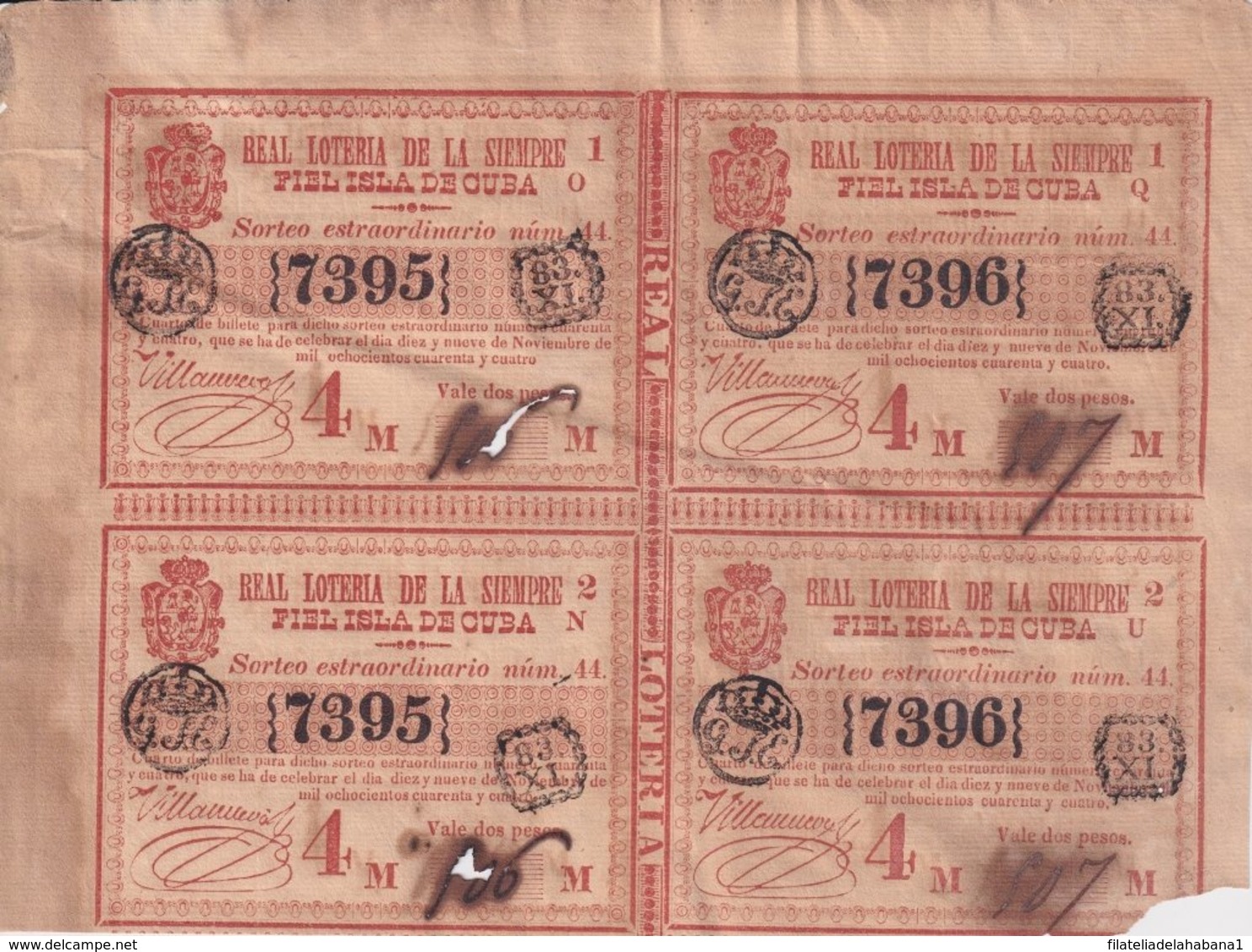 LOT-406 CUBA SPAIN (LG1814) 1844 LOTTERY SORTEO 44. MEDIO BILLETE DE LOTERIA - Lottery Tickets