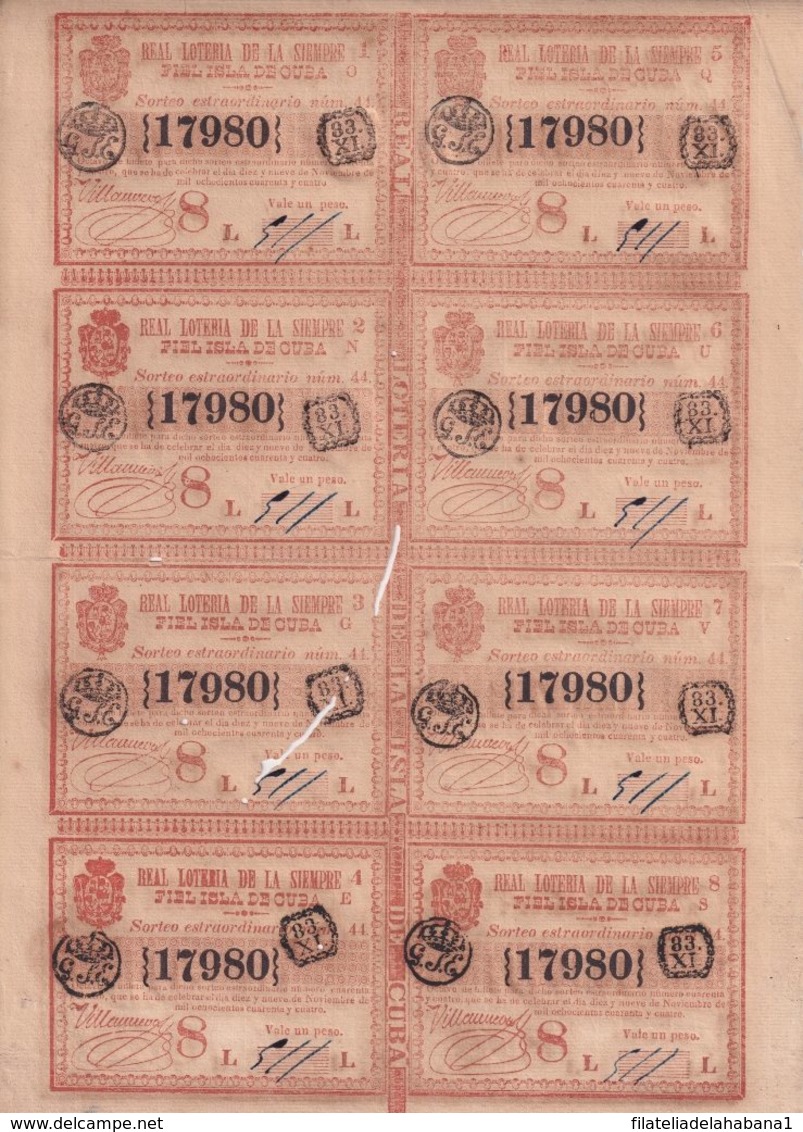 LOT-407 CUBA SPAIN (LG1815) 1844 COMPLETE SHEET LOTTERY SORTEO 44. LOTERIA. - Lottery Tickets