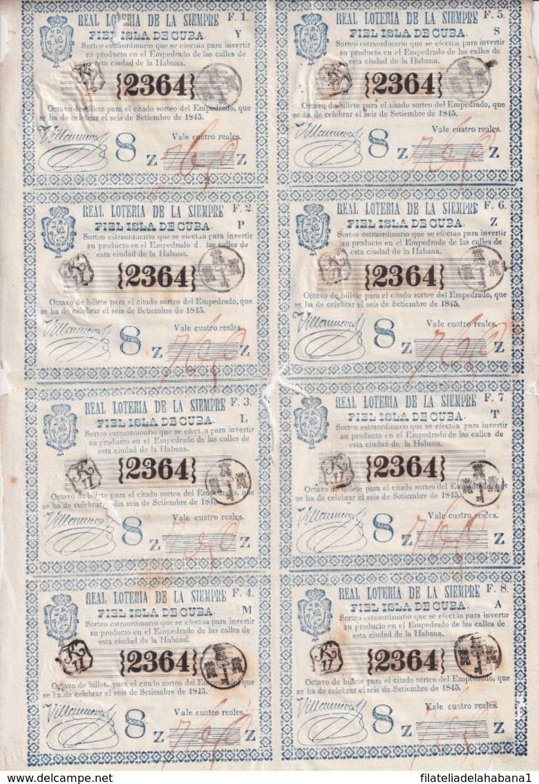 LOT-412 CUBA SPAIN (LG1820) 1844 SHEET LOTTERY LOTERIA SORTEO EMPEDRADO CALLES DE LA HABANA. - Lottery Tickets