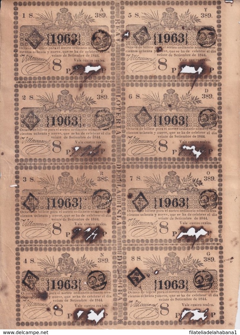 LOT-415 CUBA SPAIN (LG1823) 1844 COMPLETE SHEET LOTTERY SORTEO 389. LOTERIA. - Lottery Tickets