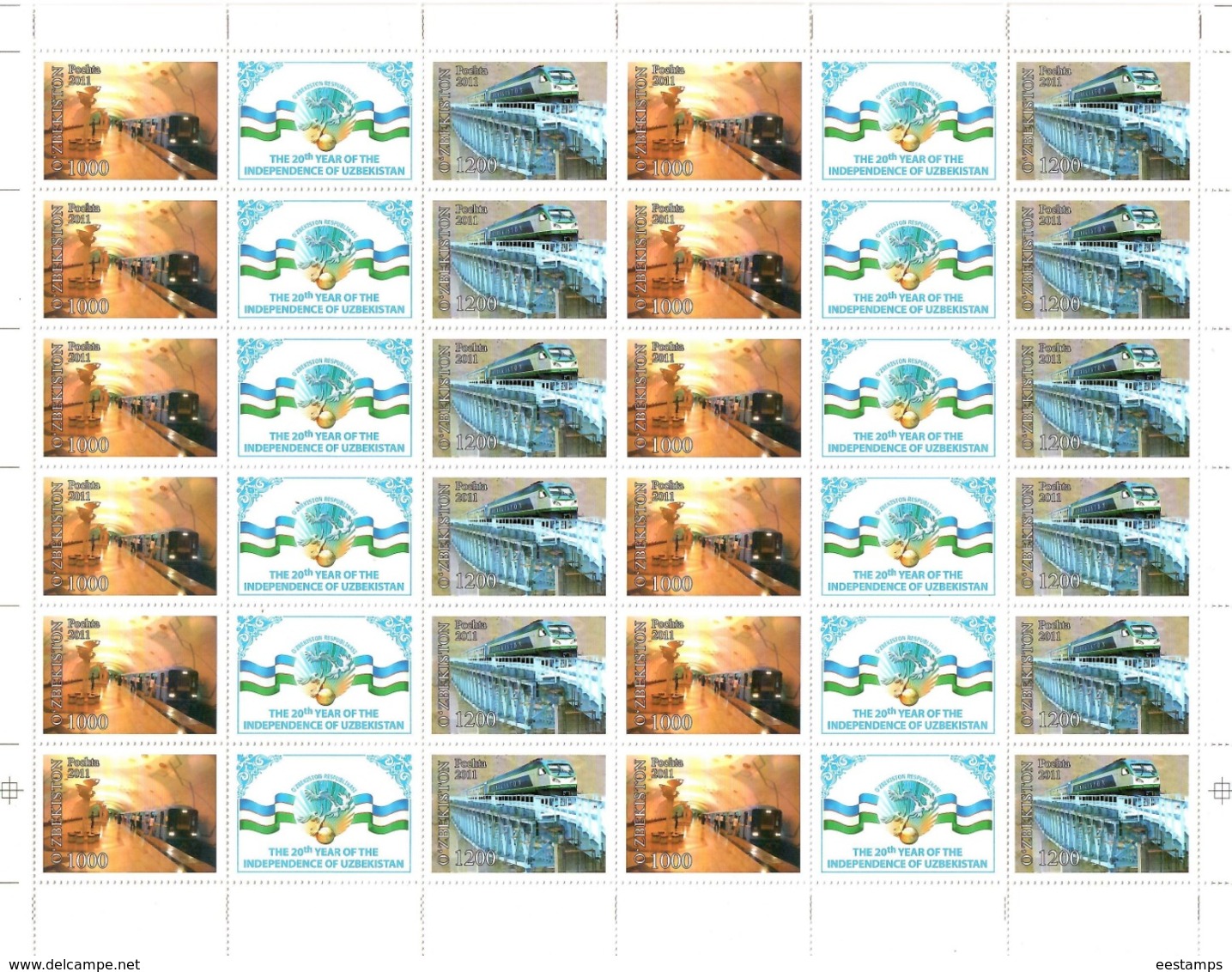 Uzbekistan 2011.Independence -20y.(Auto,Architecture,Music,Trains ,Sport ,Birds) 26 M/S of 12 strips Michel #  937-88 Bg