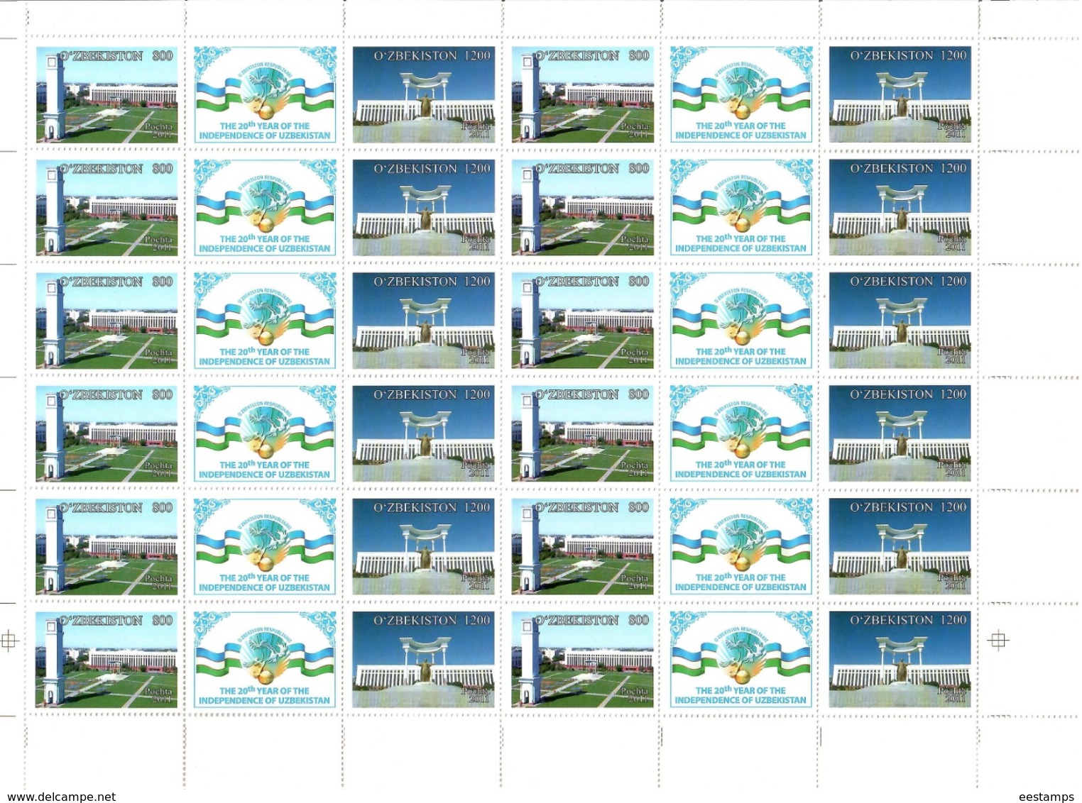 Uzbekistan 2011.Independence -20y.(Auto,Architecture,Music,Trains ,Sport ,Birds) 26 M/S of 12 strips Michel #  937-88 Bg