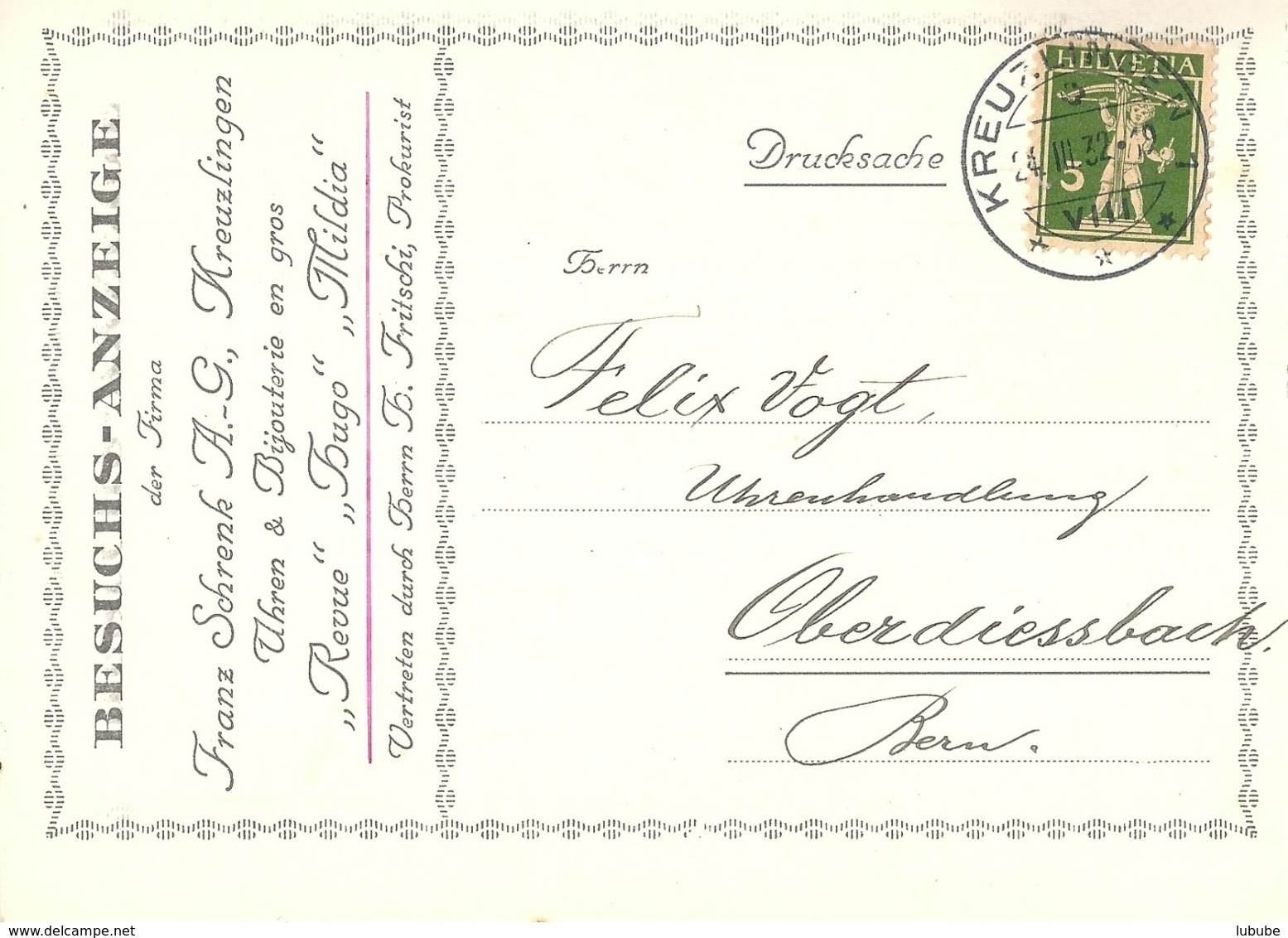 Motiv Karte  "Schrenk, Uhren & Bijouterie, Kreuzlingen"        1932 - Lettres & Documents