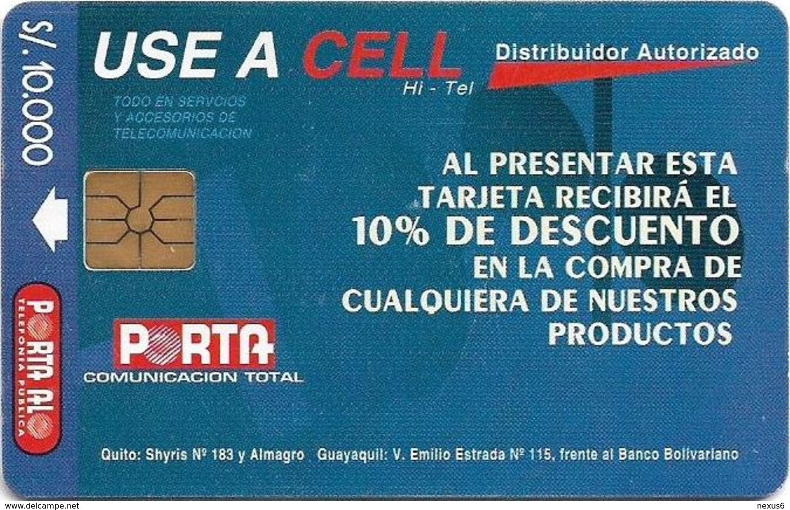 Ecuador - Porta - Use A Cell (Blue), 10.000Sucre, 50.000ex, Used - Equateur