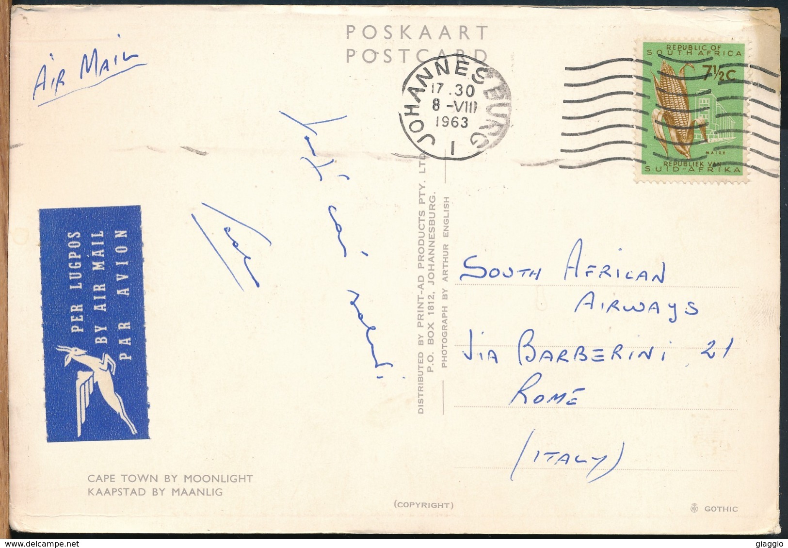 °°° GF678 - SOUTH AFRICA - CAPE TOWN BY MOONLIGHT - 1963 With Stamps °°° - Sud Africa