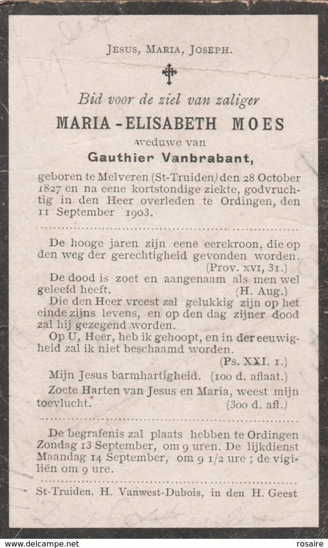 Bidprentje Maria Elisabeth Moes-melveren-st-truiden-1827-ordingen 1903-opgelet Vouw !! - Devotion Images