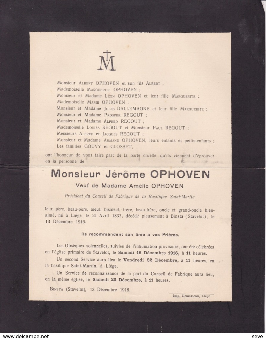 STAVELOT LIEGE BINSTA Jérôme OPHOVEN Veuf OPHOVEN  1832-1916  Faire-part Mortuaire Familles REGOUT CLOSSET - Décès