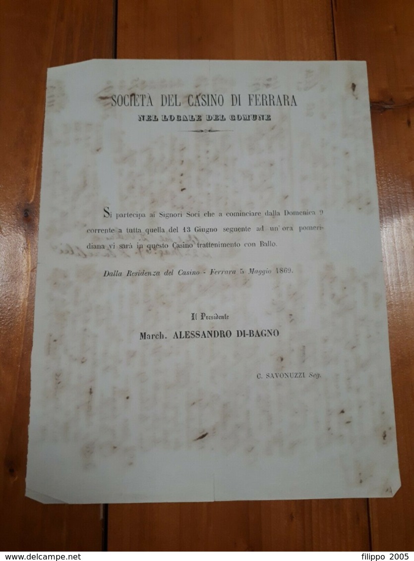 1869 FERRARA INVITO AL BALLO SOCIETA' DEL CASINO DEL COMUNE - Altri & Non Classificati