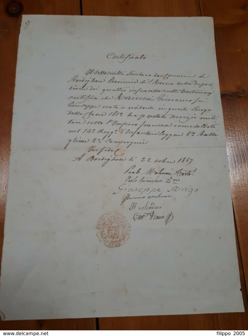 1857 BORDIGHERA MILITARIA CERTIFICAZIONE SERVIZIO ESERCITO IMPERO FRANCESE - Documenti