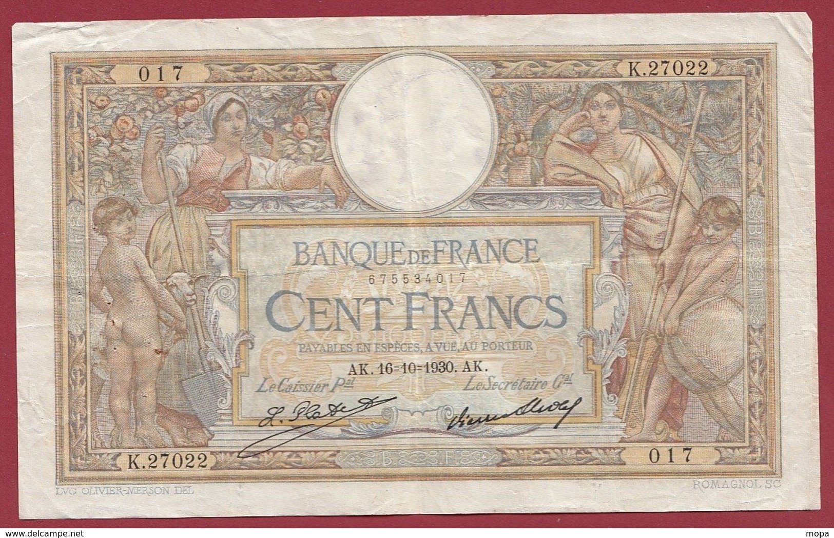 100 Francs "Luc Olivier Merson" Du 16/10/1930.AK ---F/TTB+---ALPH.N .K.27022 - 100 F 1908-1939 ''Luc Olivier Merson''