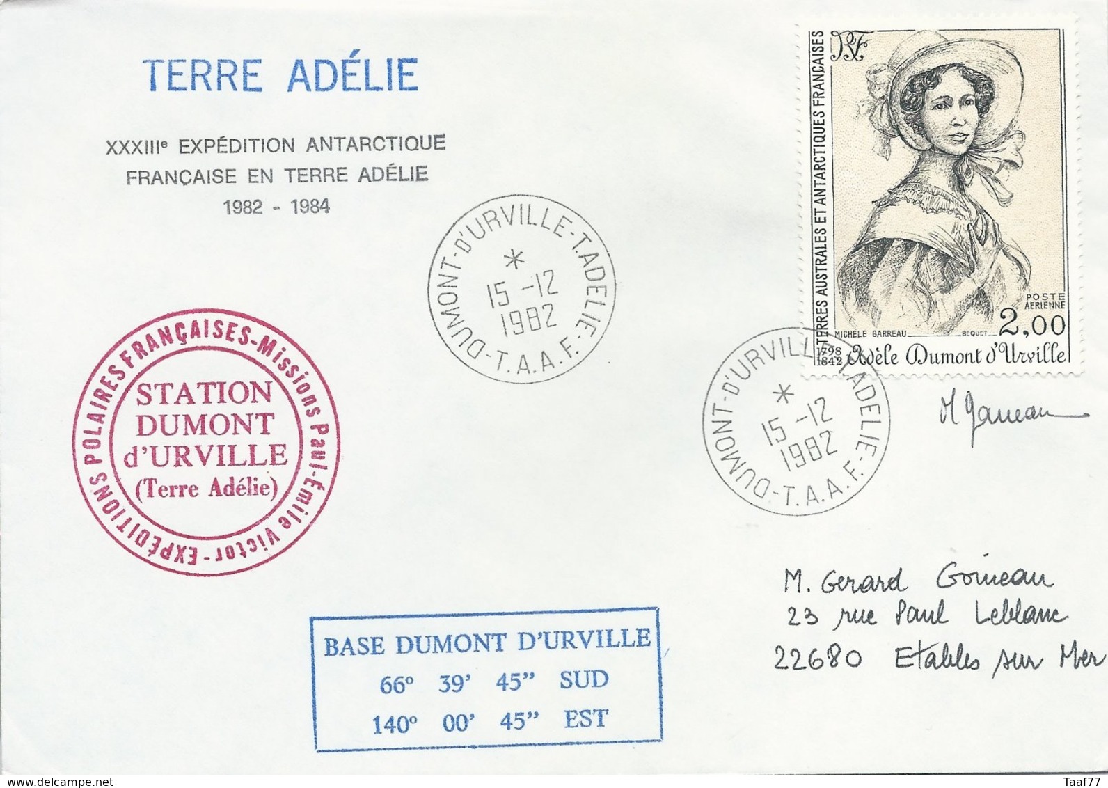 TAAF - Dumont D'Urville-T.Adélie: Lettre Avec Timbre Poste Aérienne N°68 Adèle Dumont D'Urville - 15/12/1982 - Lettres & Documents