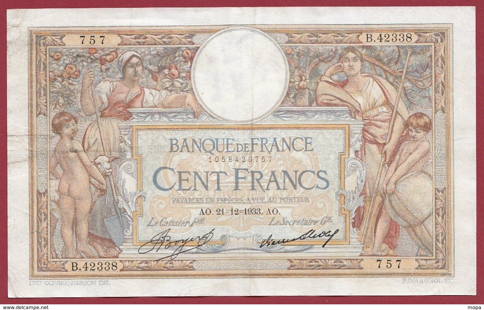 100 Francs "Luc Olivier Merson" Du 21/12/1933.AO ---F/TTB+---ALPH.B.42338 - 100 F 1908-1939 ''Luc Olivier Merson''