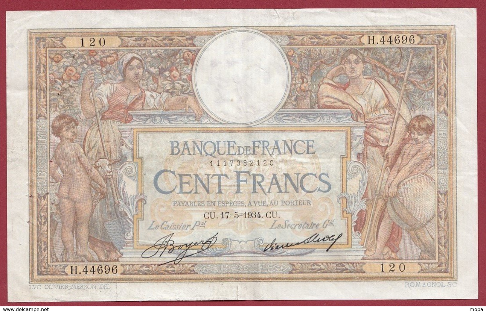 100 Francs "Luc Olivier Merson" Du 17/05/1934.CU ---F/TTB+---ALPH.H.44696 - 100 F 1908-1939 ''Luc Olivier Merson''
