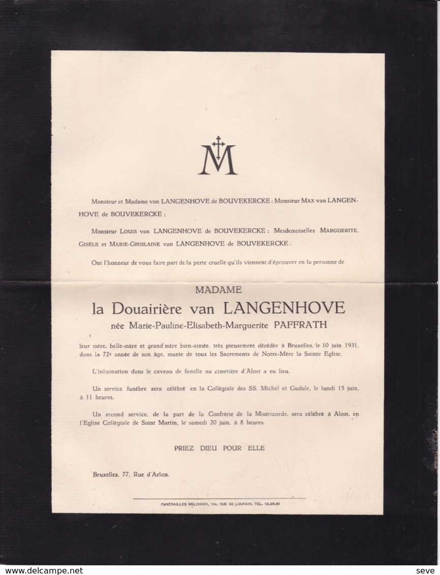 ALOSt AALST Marie-Pauline PAFFRATH Veuve Van LANGENHOVE 72 Ans 1931 Bruxelles Enterrée à Alost - Décès