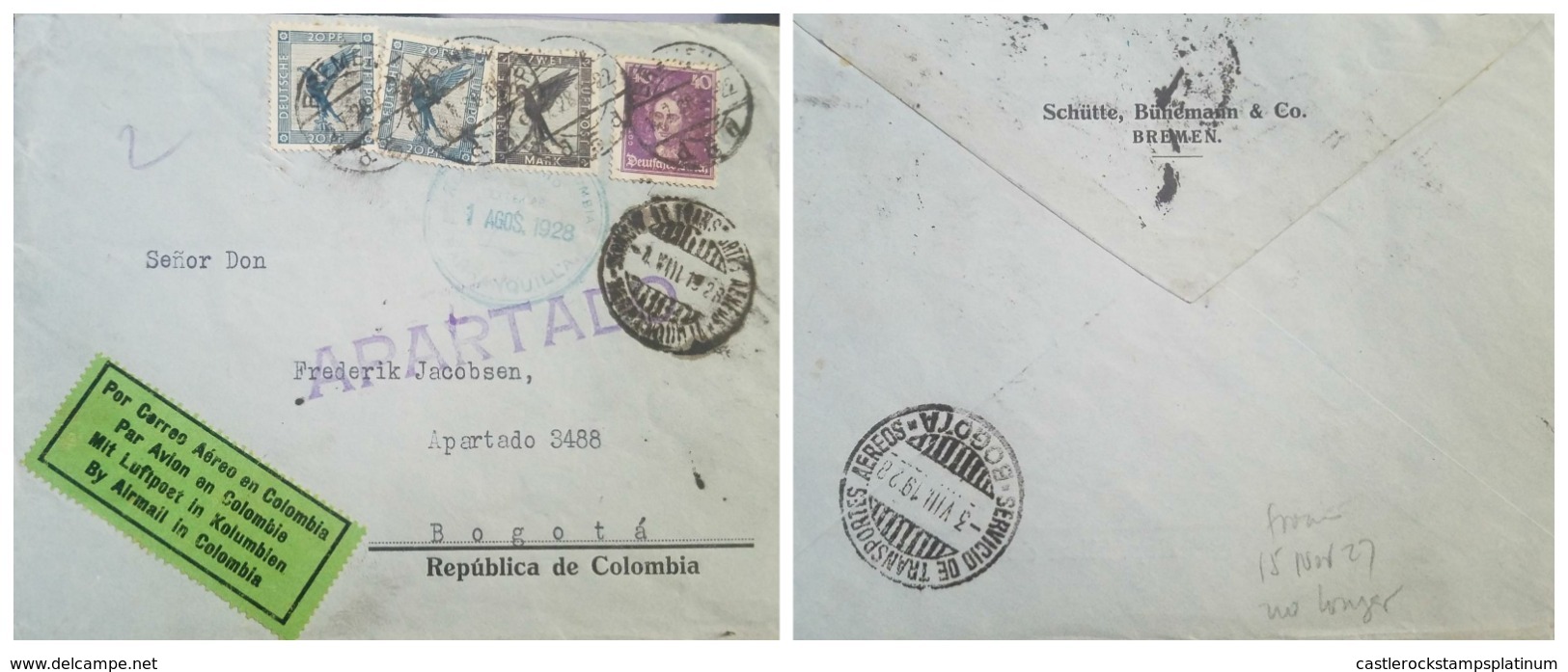 O) 1928 GERMANY,  SCADTA GERMANY, GERMAN EAGLE. EAGLE MARK, GOTTFRIED WILHELM, LUFTPOST, BREMEN. TO BOGOTA, XF - Other & Unclassified