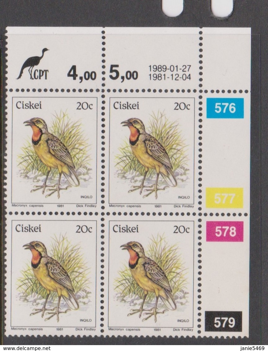 South Africa-Ciskei Scott R21 1981 Birds,20c Euplectes Progne Dated 1989,Block 4,mint Never Hinged - Ciskei