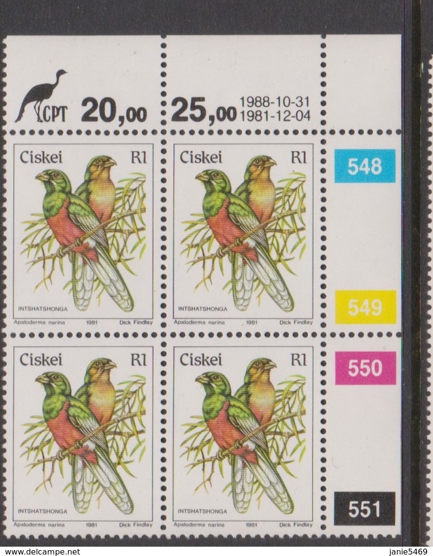 South Africa-Ciskei Scott R26 1981 Birds,R1 Apaloderma Narinadated 1988,Block 4,mint Never Hinged - Ciskei