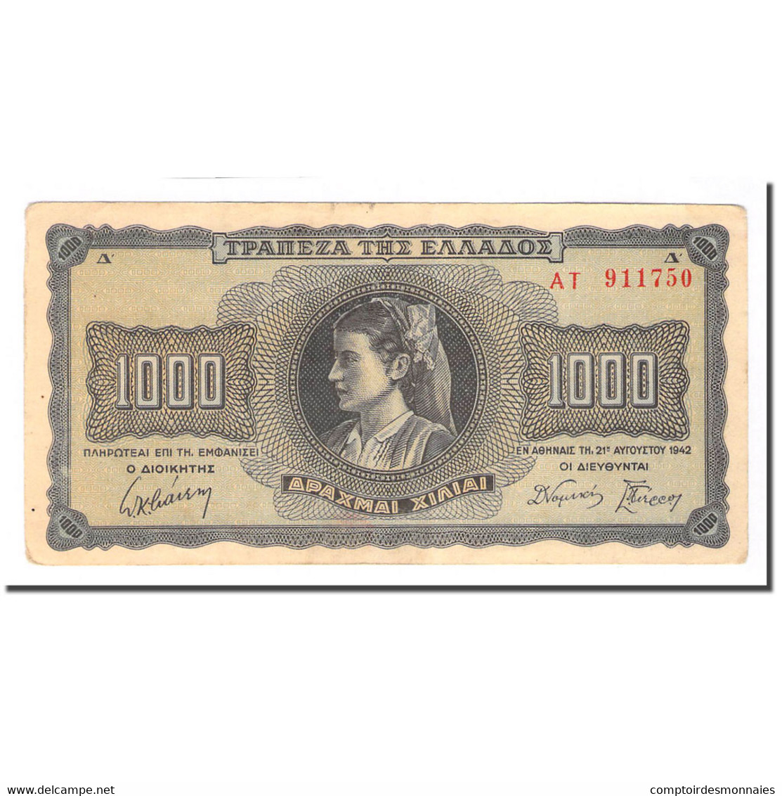 Billet, Grèce, 1000 Drachmai, 1942-08-21, KM:118a, TTB - Grèce