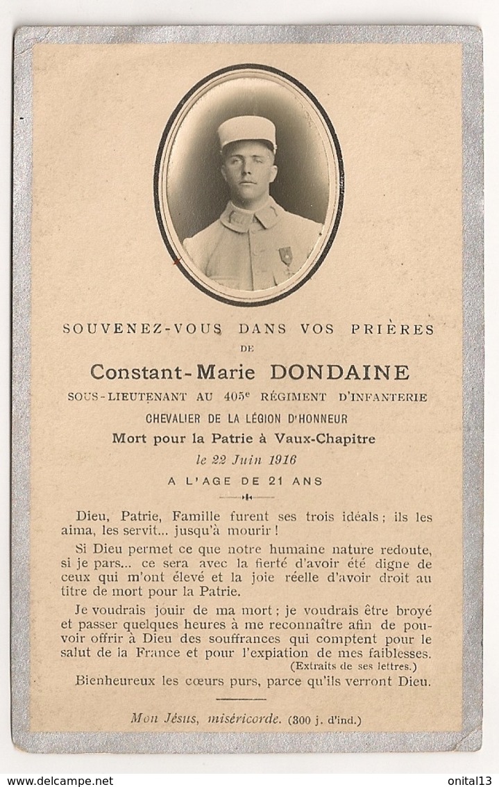 AVIS MORTUAIRE AVEC PHOTO MILITAIRE MORT POUR LA PATRIE A VAUX CHAPITRE / SOUS LIEUTENANT 405EME RI  B817 - Décès