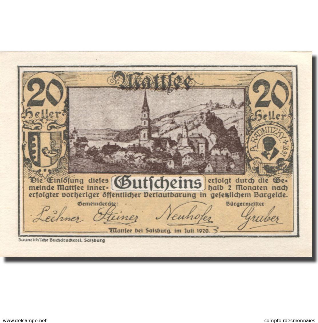 Billet, Autriche, Mattsee, 20 Heller, Paysage, SPL, Mehl:FS 596a - Autriche