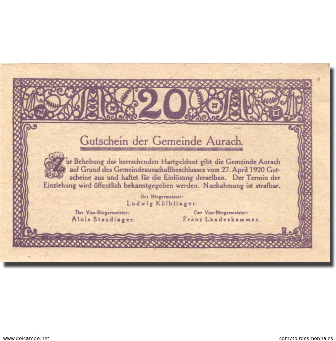 Billet, Autriche, Aurach, 20 Heller, Village, 1920, 1920-04-27, SPL, Mehl:FS 68a - Oostenrijk