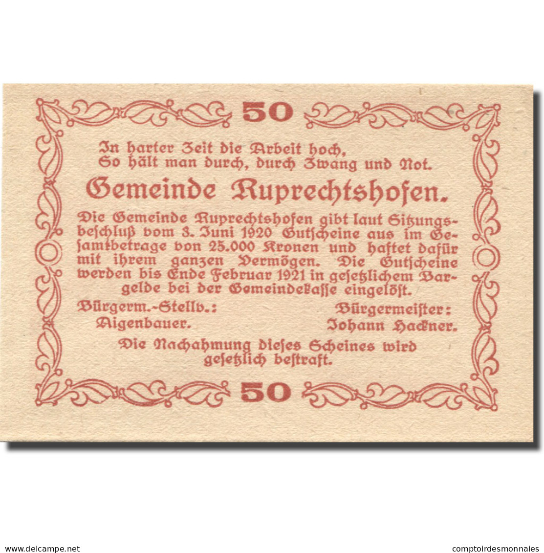 Billet, Autriche, Ruprechtshofen, 50 Heller, Château, 1921, SPL, Mehl:FS 901 - Autriche