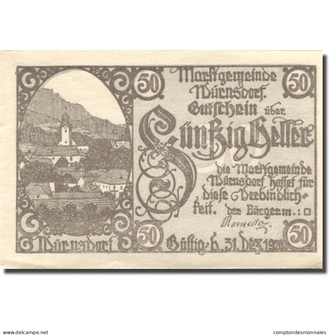 Billet, Autriche, Würnsdorf, 50 Heller, Eglise, 1920 SPL, Mehl:FS 1257IIa - Autriche