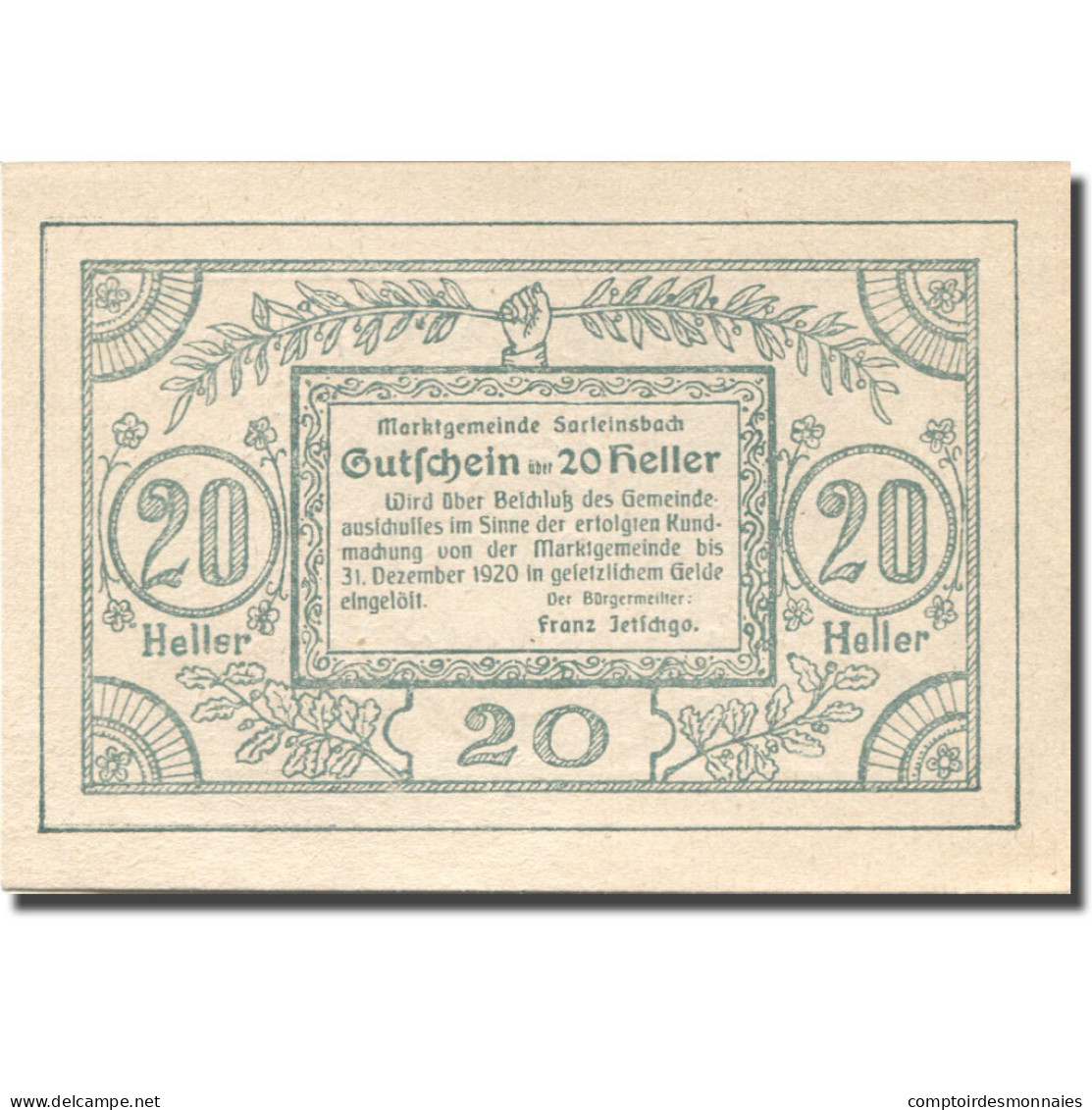 Billet, Autriche, Sarleinsbach, 20 Heller, Blason, 1920 SPL Mehl:FS 948a - Autriche