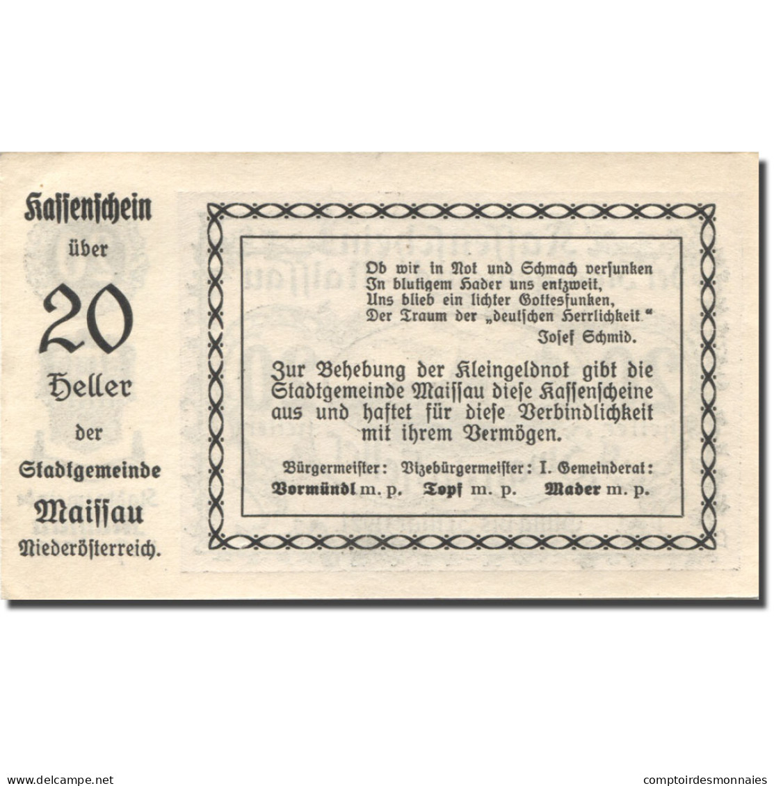 Billet, Autriche, Maissau, 20 Heller, Village 1921-03-31, SPL, Mehl:FS 573g - Autriche