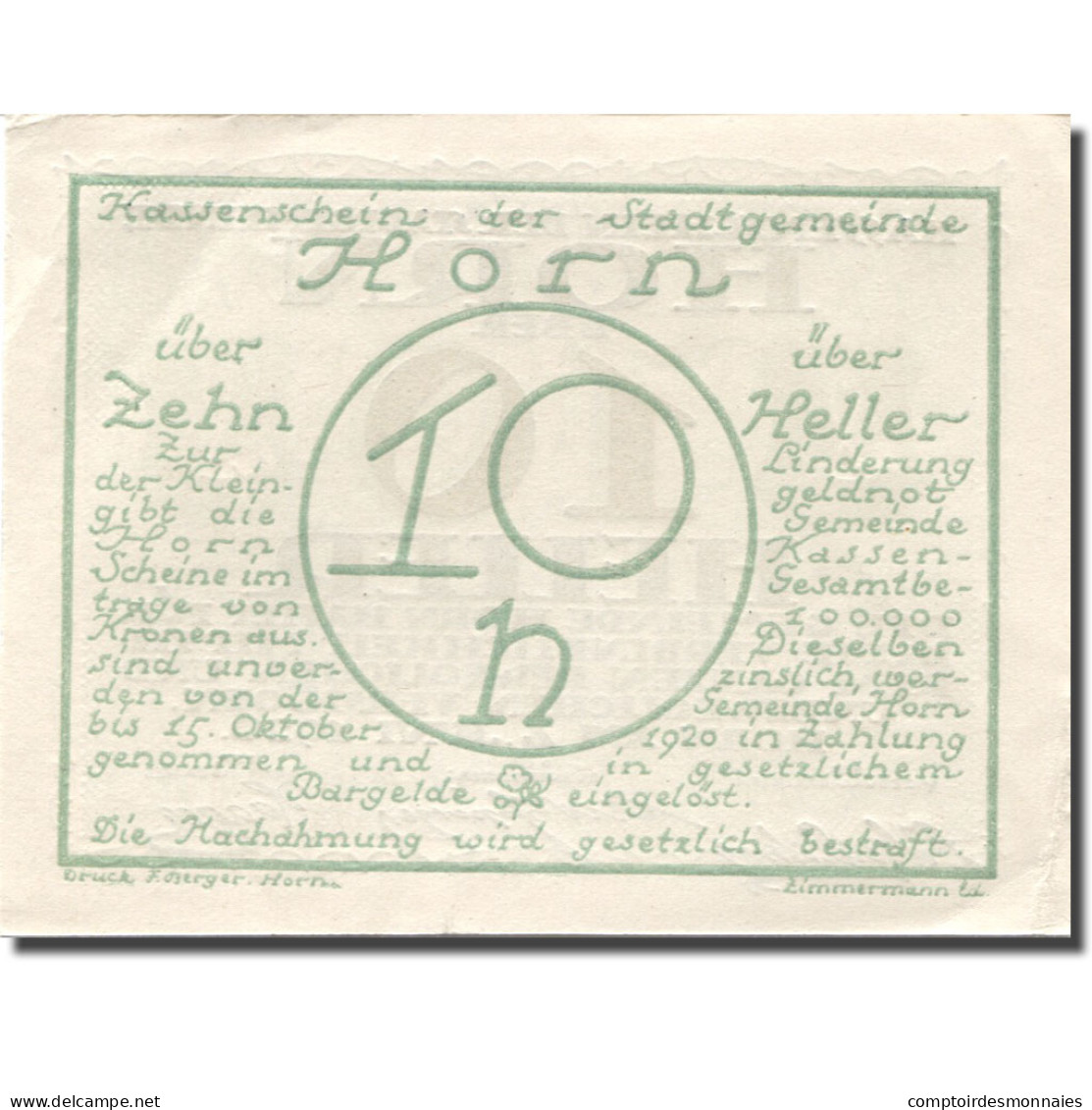 Billet, Autriche, Horn, 10 Heller, Blason, 1920, 1920-07-31, SUP, Mehl:FS 397IId - Autriche