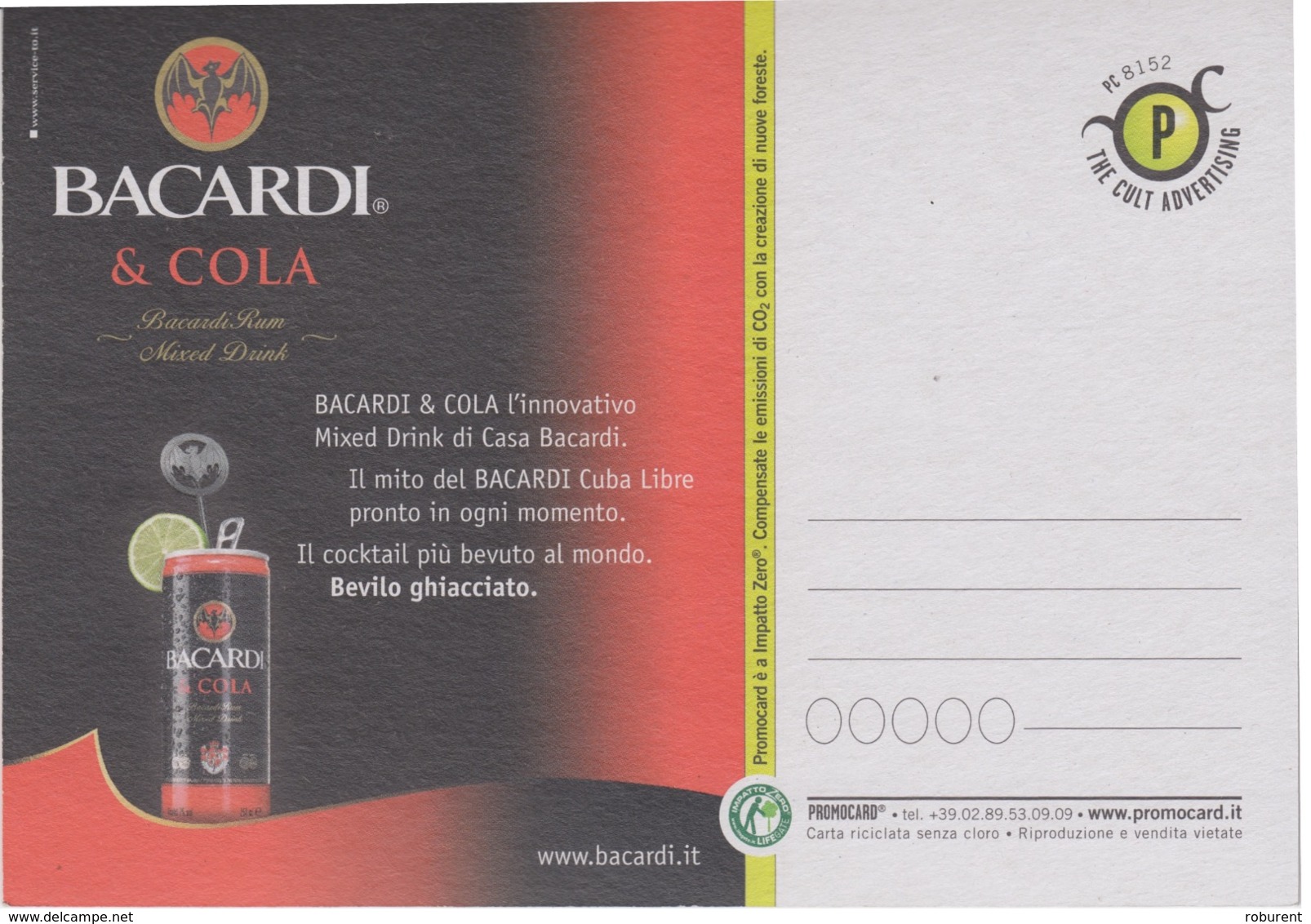 PUBBLICITA'  ADVERTISING - 1 CARTOLINA PROMOCARD "BACARDI"  - N°8152 - Pubblicitari