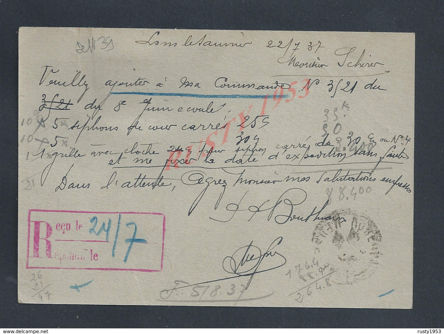 CARTE COMMERCIALE SUR IMPRIMÉE  PAIX + TIMBRE BOUTHIAUX À LONS LE SAUNIER À MAITRE DE FORGES SCHERER À PONT SUR SAULX : - 1900 – 1949