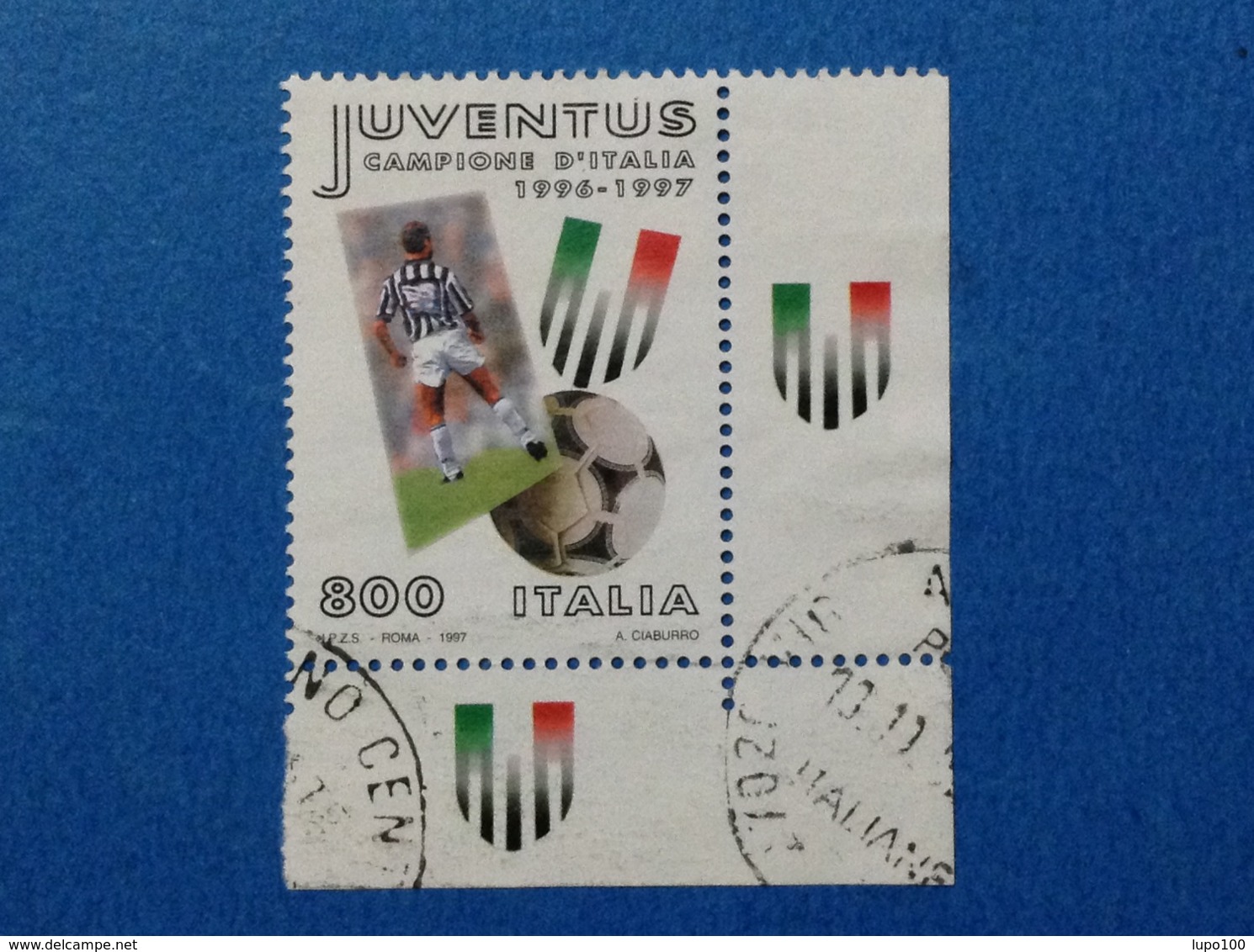 1997 ITALIA FRANCOBOLLO USATO STAMP USED CALCIO SCUDETTO JUVENTUS CON APPENDICE ANGOLO - 1991-00: Usati