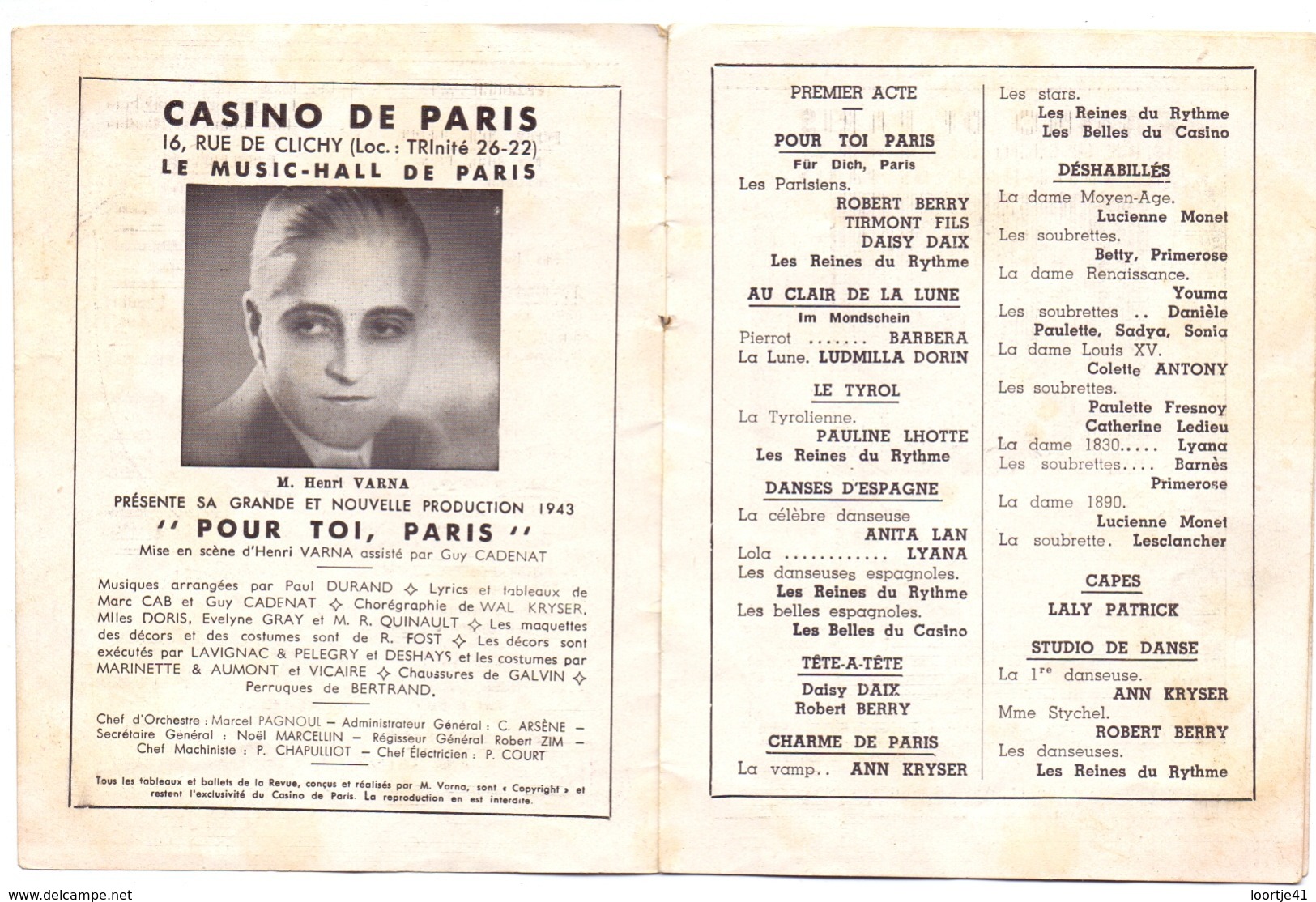 Programma Programme 1943 - Casino De Paris - Music Hall - - Programmes