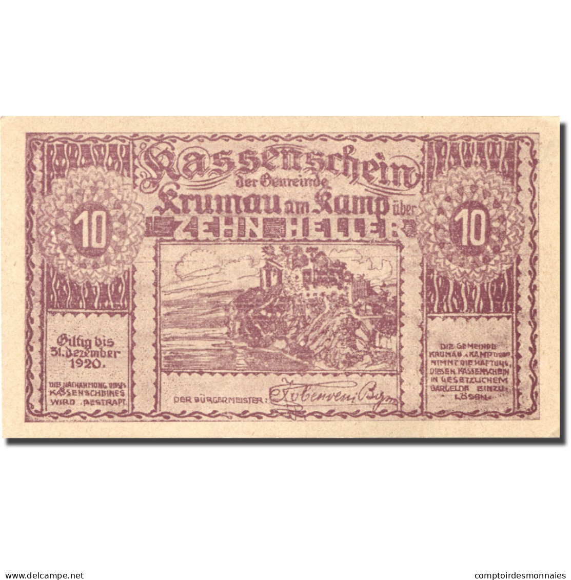 Billet, Autriche, Krumau Am Kamp, 10 Heller, Château, 1920 SPL Mehl:FS 487a - Autriche