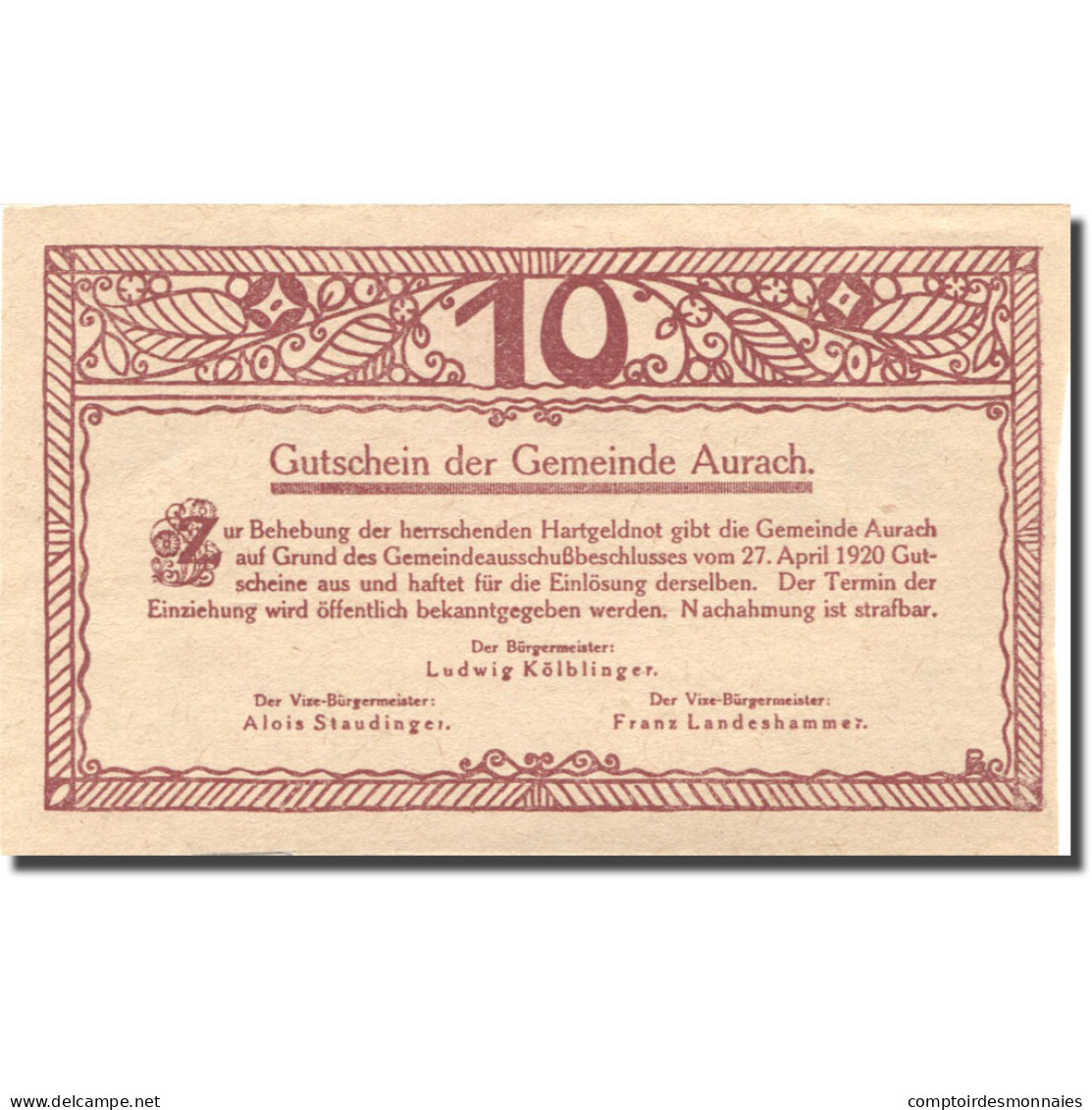 Billet, Autriche, Aurach, 10 Heller, Eglise, 1920, 1920-04-27, SPL, Mehl:FS 68a - Autriche