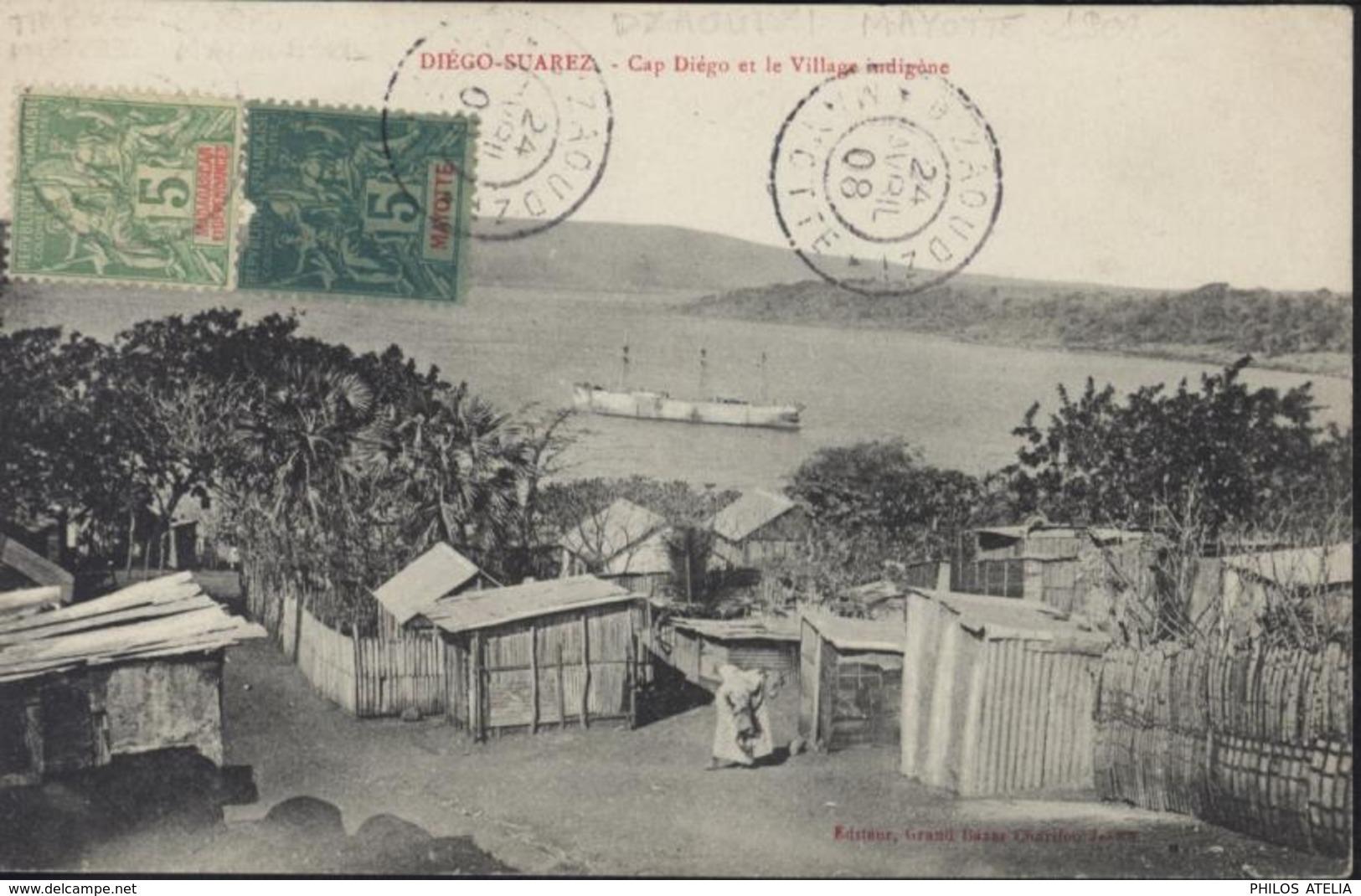 Mixte YT Mayotte 4 + Madagascar N°31 CAD Dzaoudzi Mayotte 24 Avril 1908 CPA Diego Suarez Cap Diégo Village Indigène - Storia Postale