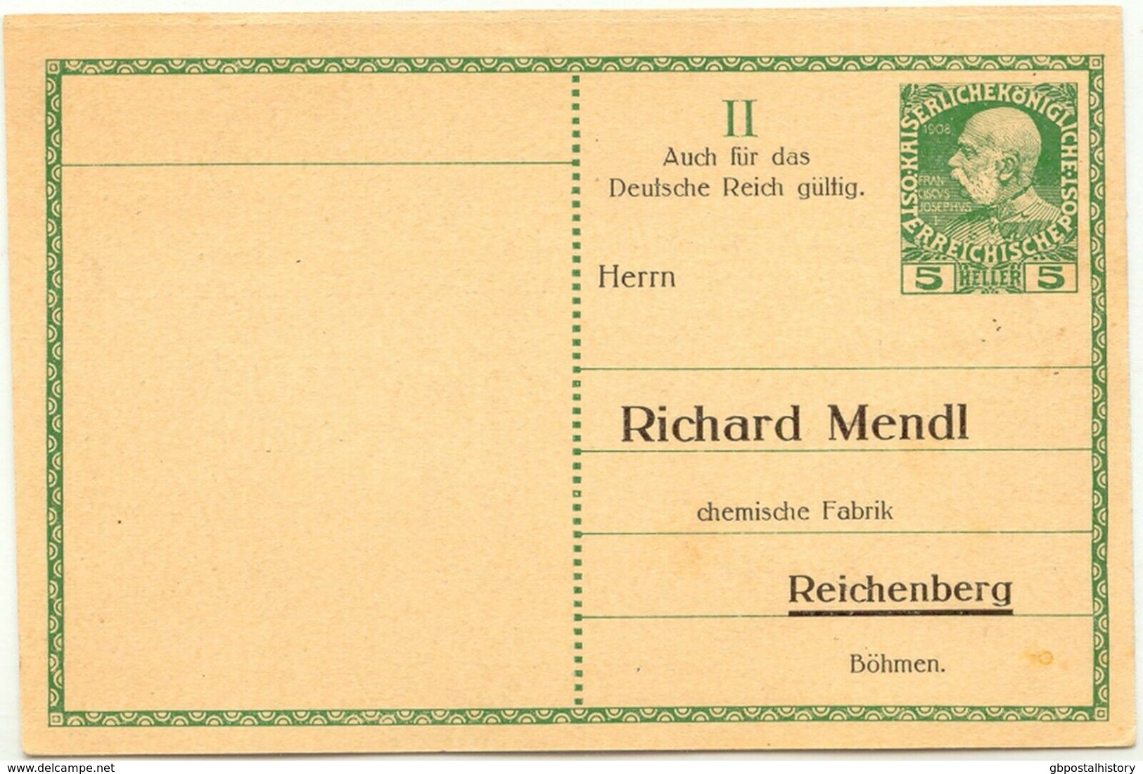 ÖSTERREICH 1908 Franz Joseph 5 H Ungebr. Privat-GA-Antwortpostkarte Der Fa Mendl - Sonstige & Ohne Zuordnung