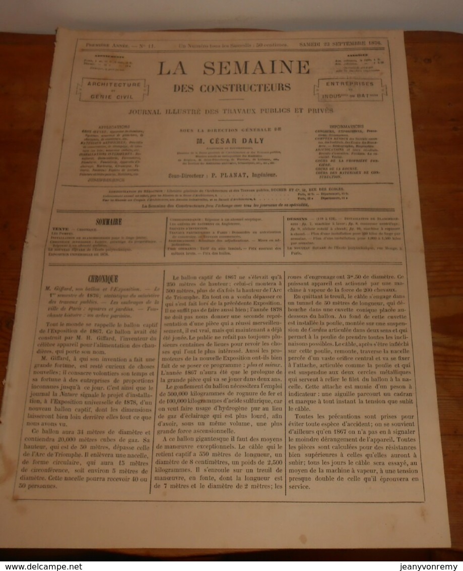 La Semaine Des Constructeurs. N°11. 23 Septembre 1876. Square De L'école Polytechnique. Installation De Blanchisseries. - Revues Anciennes - Avant 1900