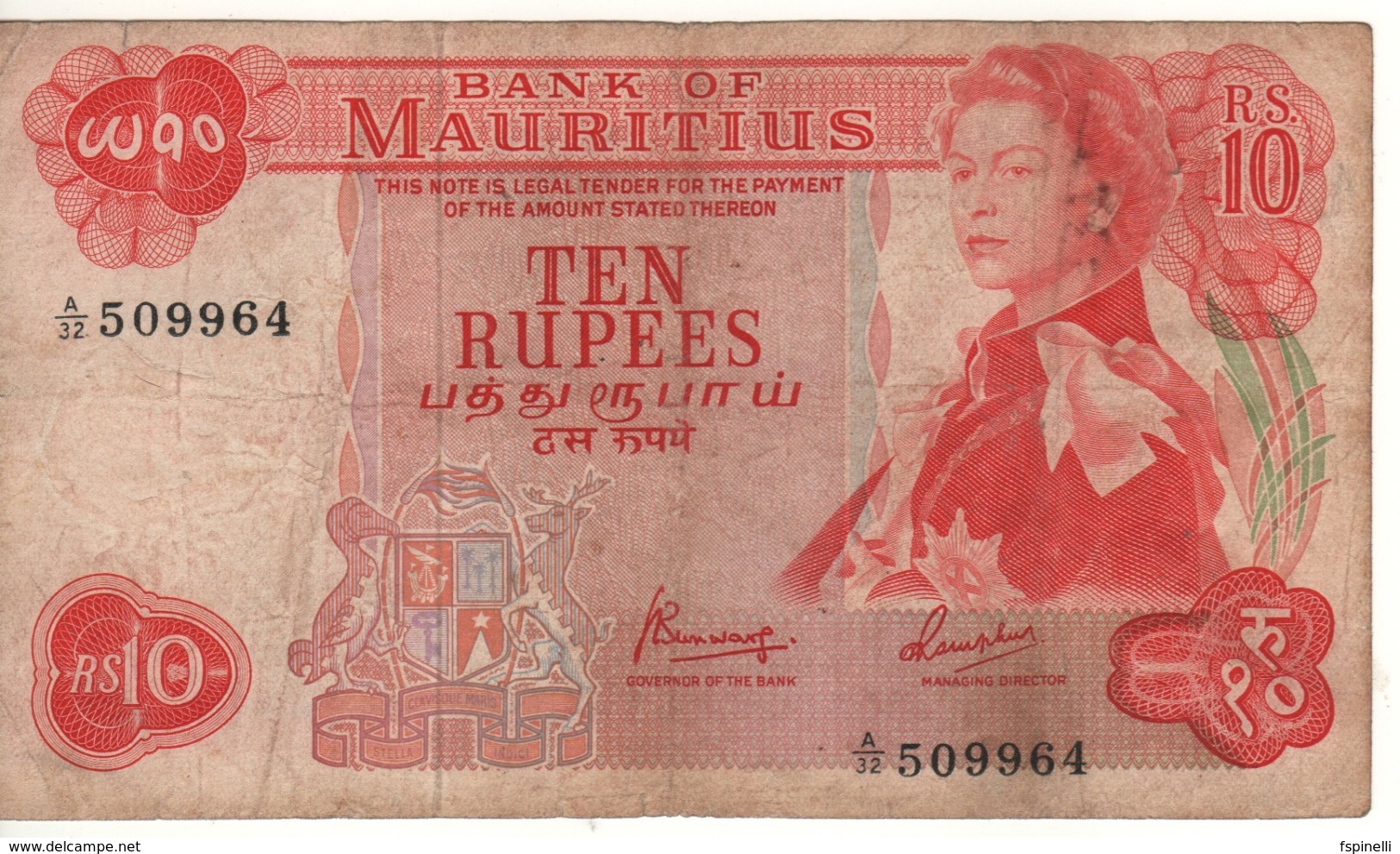 MAURITIUS   10 Rupees   ( Queen Elizabeth II )  P31c.       ND 1967 - Maurice