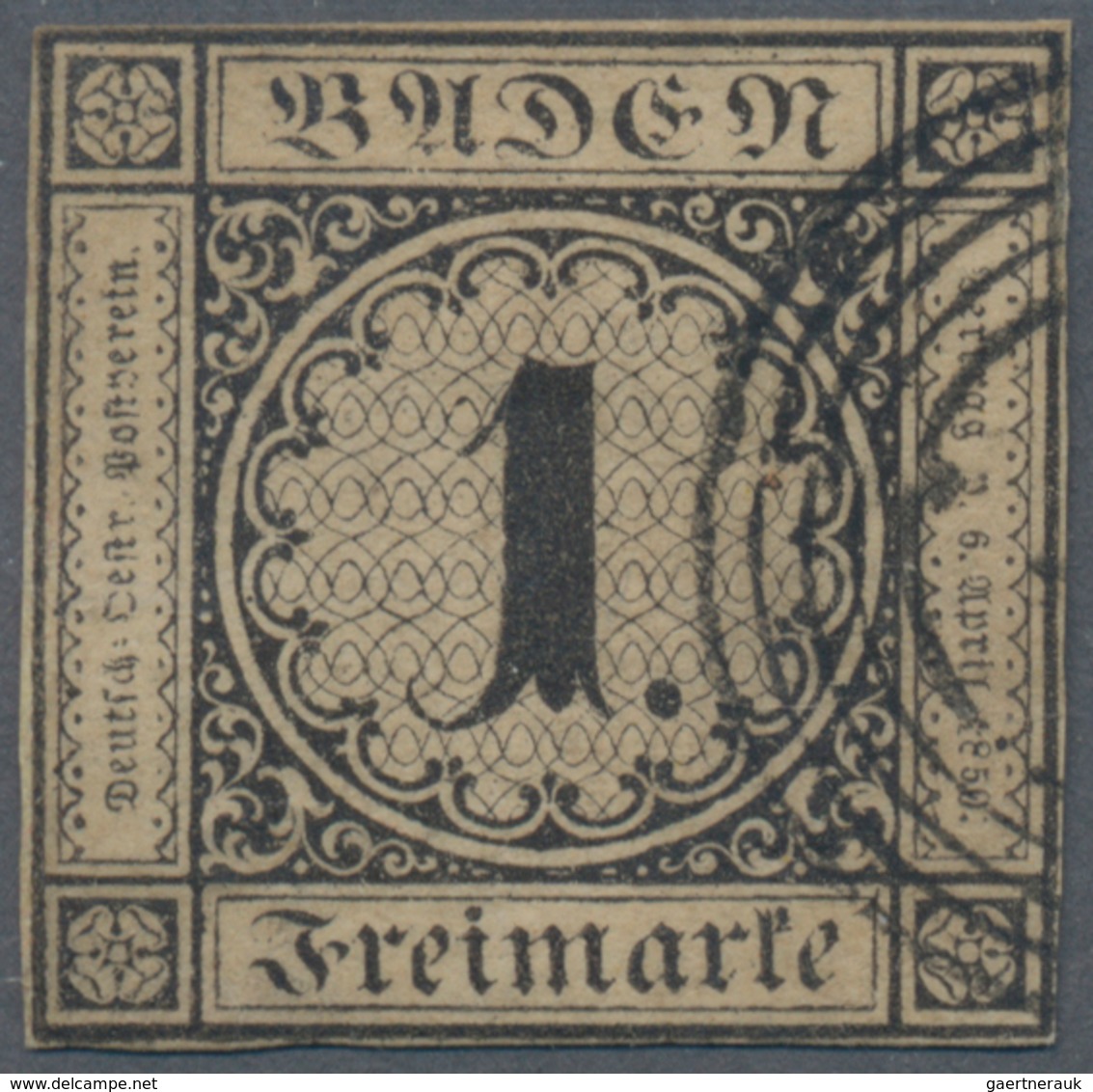 Baden - Marken Und Briefe: 1851, 1 Kreuzer Schwarz Auf Sämisch, Vollrandig, Nur Seitlich Gestempelt, - Otros & Sin Clasificación