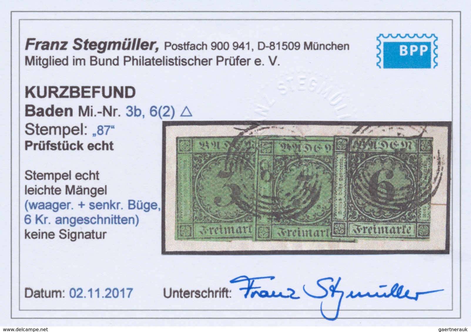 Baden - Marken Und Briefe: 1851/53, Ziffernausgabe 6 Kr. Schwarz Auf Grün Und Zweimal 1853, 3 Kr. Sc - Altri & Non Classificati