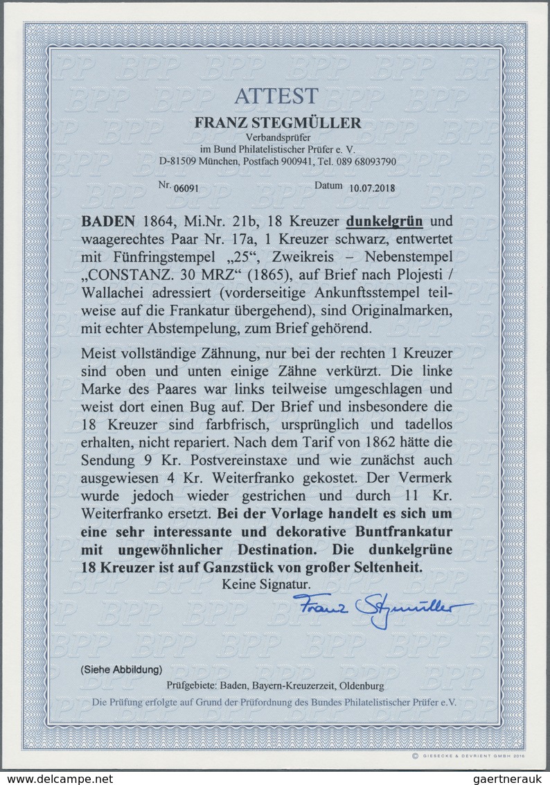 Baden - Marken Und Briefe: 1865, DESTINATION RUMÄNIEN: 18 Kr. Dunkelgrün, Bessere Farbe, Farbfrische - Sonstige & Ohne Zuordnung