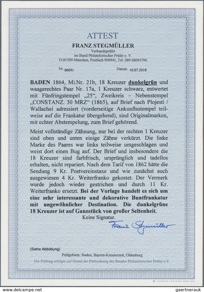 Baden - Marken Und Briefe: 1865, DESTINATION RUMÄNIEN: 18 Kr. Dunkelgrün, Bessere Farbe, Farbfrische - Altri & Non Classificati