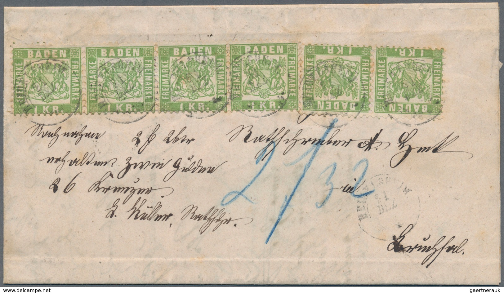 Baden - Marken Und Briefe: 1868: 1 Kreuzer Hellgrün, 3 Waagerechte Paare Als Seltene Mehrfachfrankat - Sonstige & Ohne Zuordnung